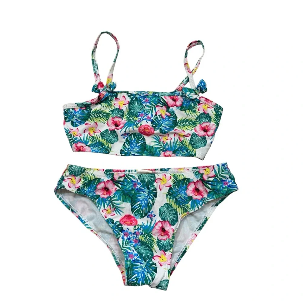 Girls Floral Bow Detail Two‎ Piece Swim Suit Bikini Size 7-8